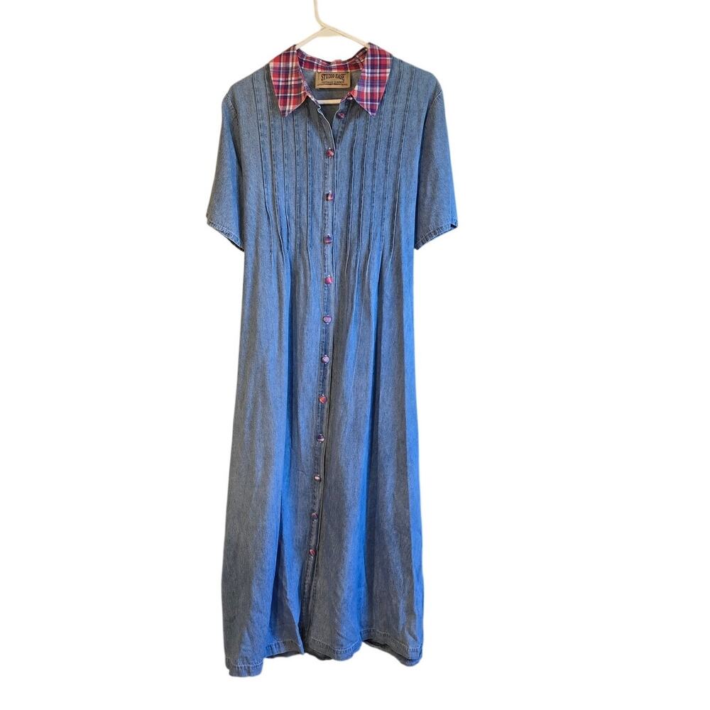 Studio Ease denim full button front plaid collar maxi modest 90's dress